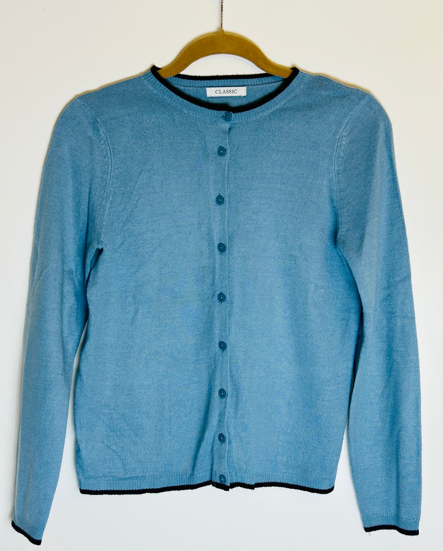 Blue Fine Knit M&S Collection Cardigan with Navy Trim