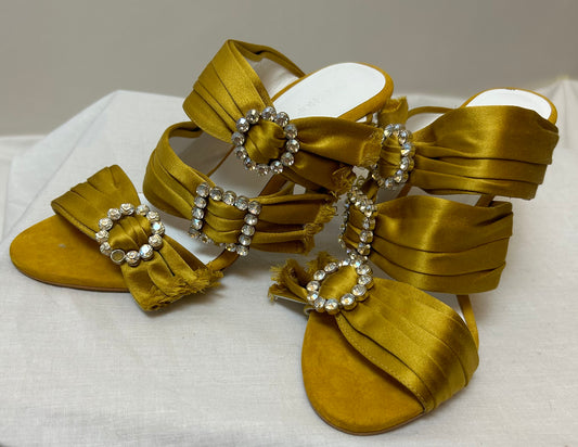 Mustard Satin Sandals with diamanté buckles