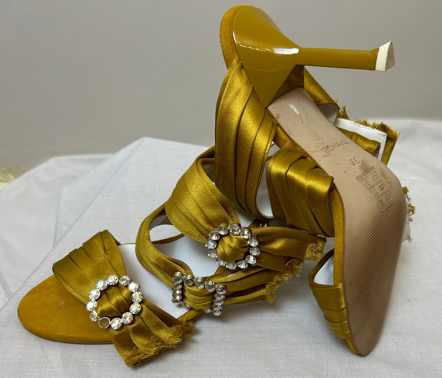 Mustard Satin Sandals with diamanté buckles
