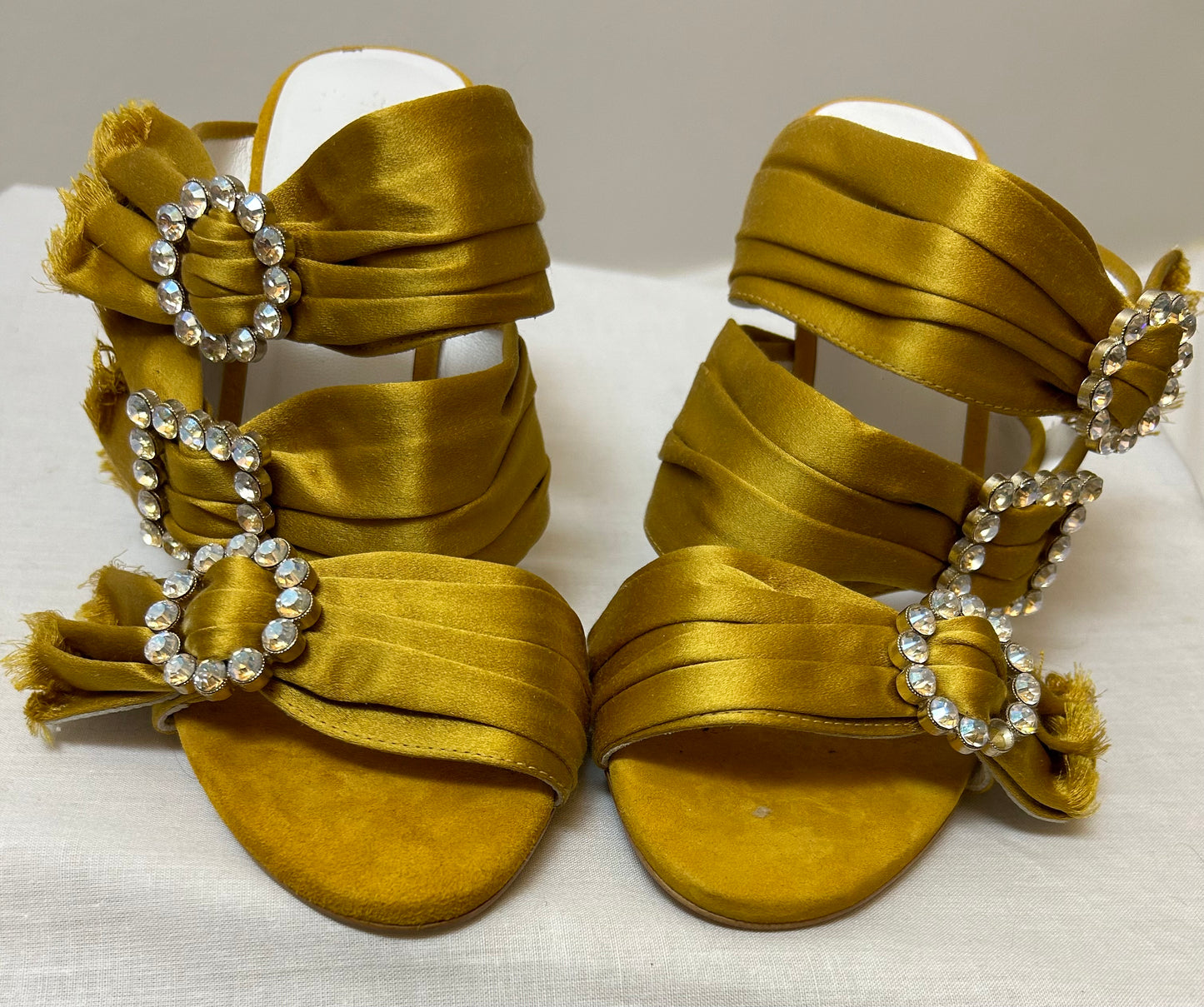Mustard Satin Sandals with diamanté buckles
