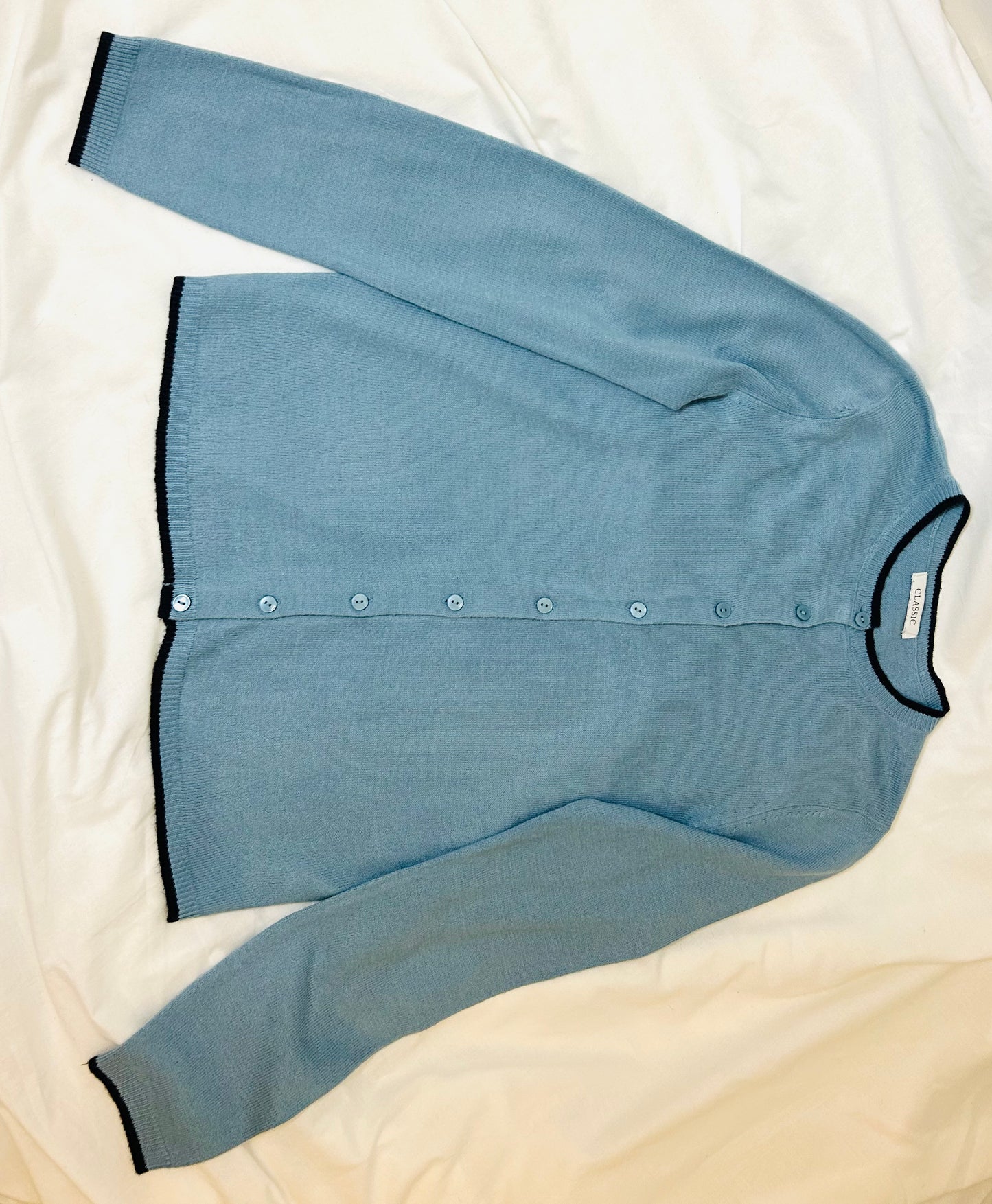 Blue Fine Knit M&S Collection Cardigan with Navy Trim