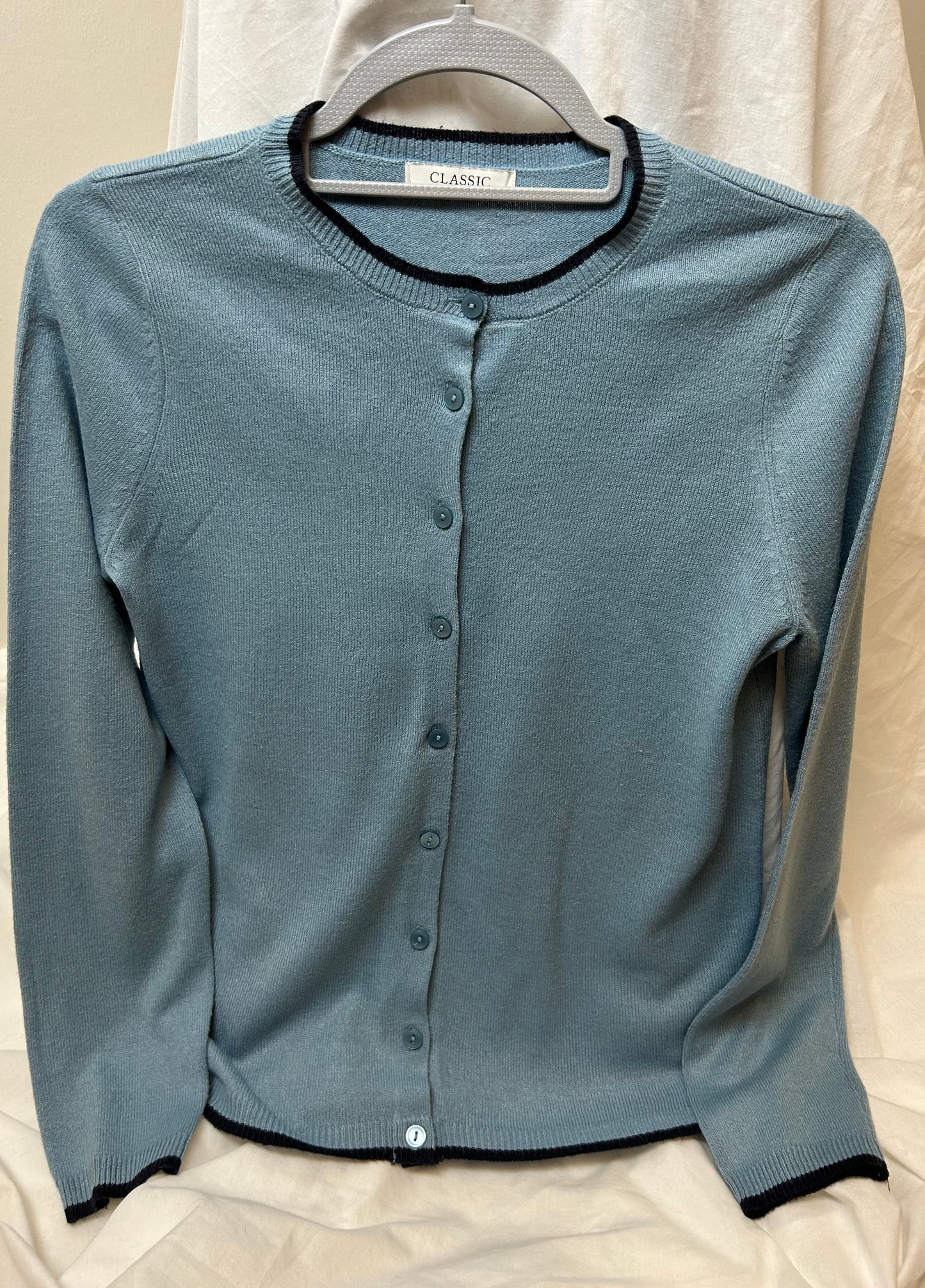 Blue Fine Knit M&S Collection Cardigan with Navy Trim