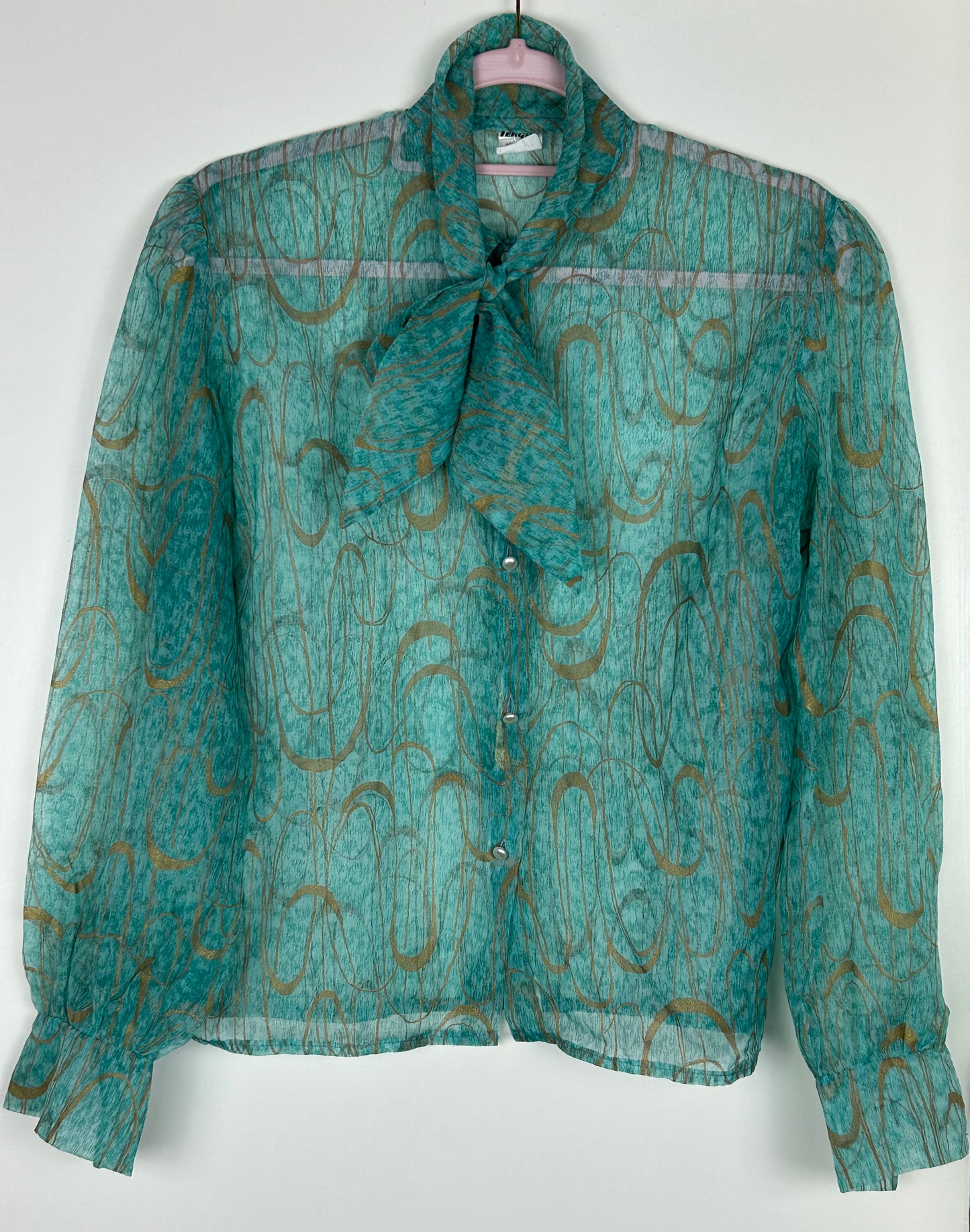 Turquoise & Gold Pattern Tengal Pussy Bow Sheer Blouse