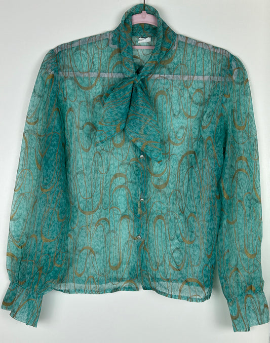 Turquoise & Gold Pattern Tengal Pussy Bow Sheer Blouse