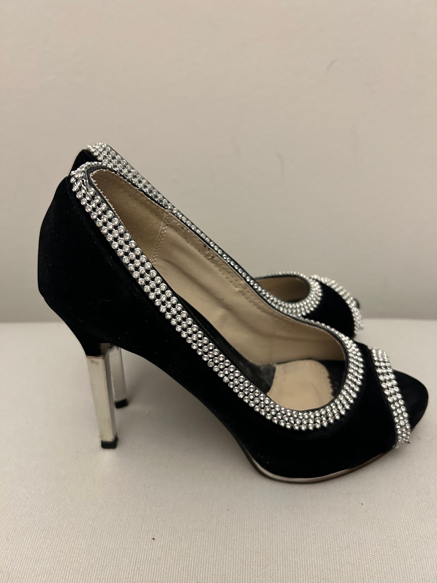 Black Velvet Diamanté Quiz Stiletto Shoes