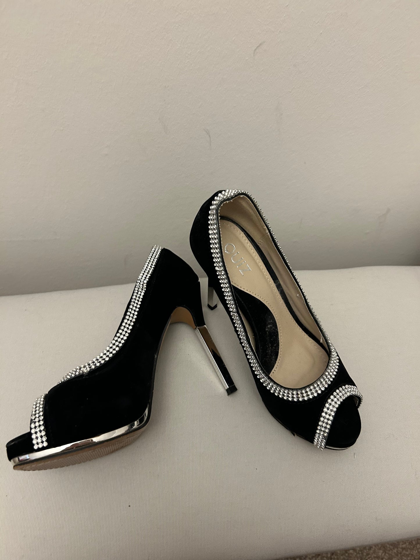 Black Velvet Diamanté Quiz Stiletto Shoes